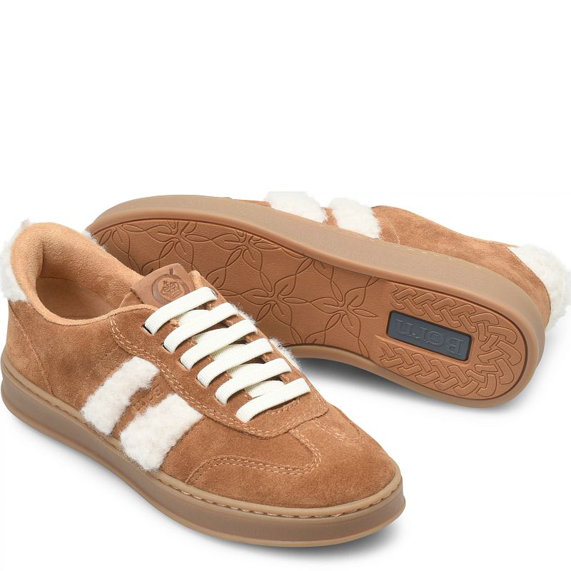 Amari Shearling - Tan BORN women's suede sneaker with shearling accents