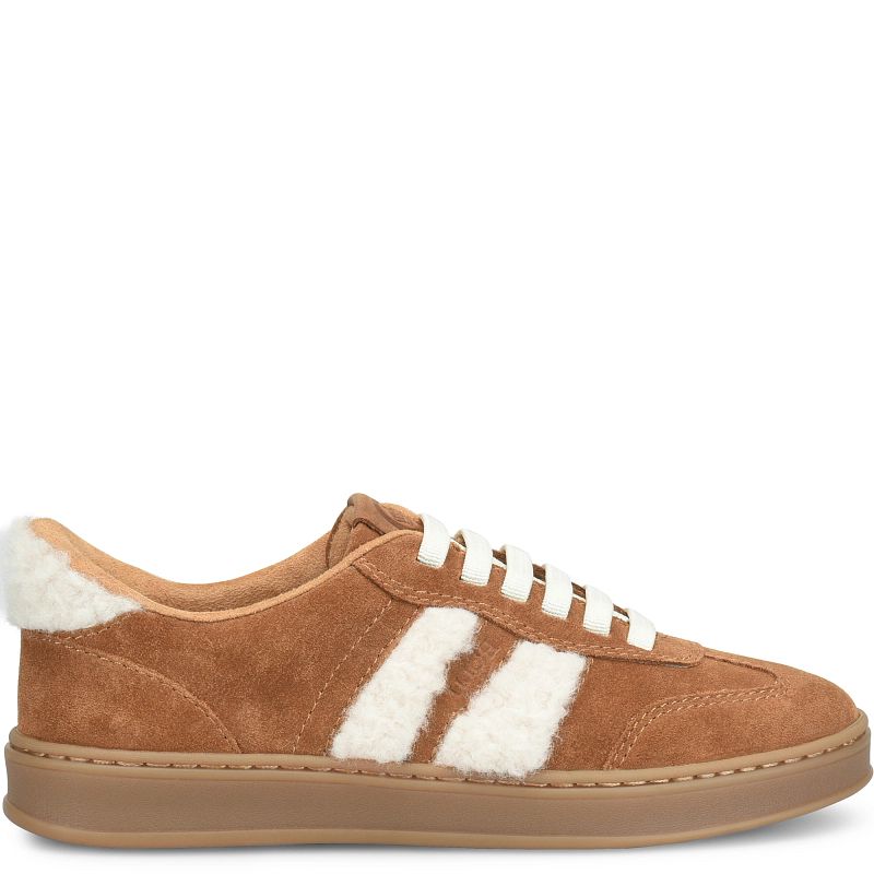 Amari Shearling - Tan BORN women's tan suede shearling sneaker with cream stripes