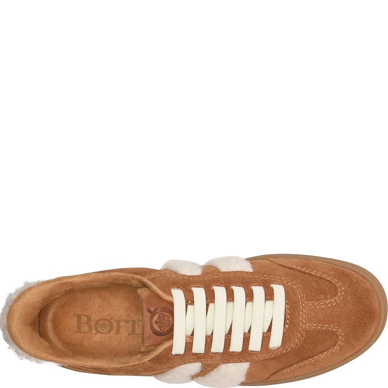 Amari Shearling - Tan BORN women's suede shearling sneaker with cream laces