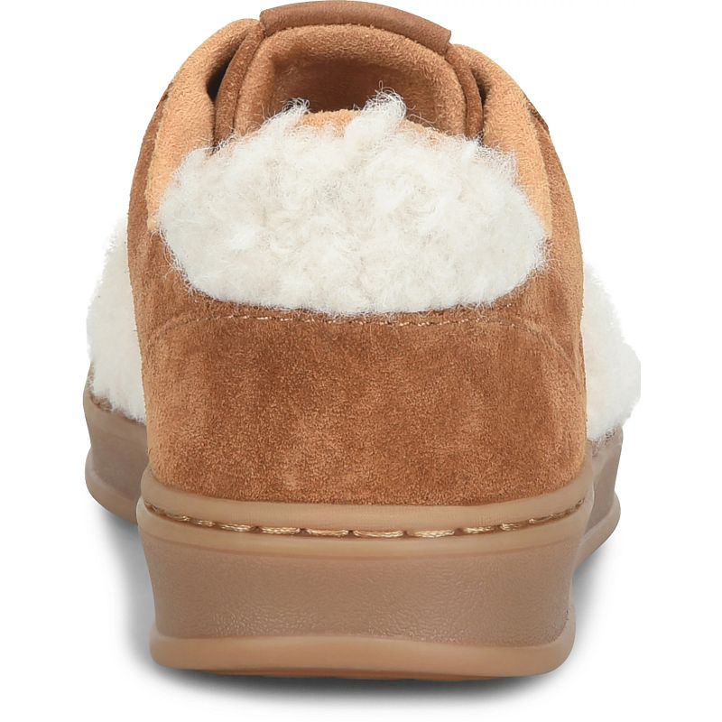 Amari Shearling - Tan BORN women's tan suede shearling sneaker heel detail