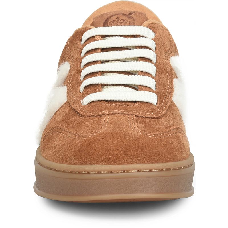 Amari Shearling - Tan BORN women's suede shearling sneaker front detail