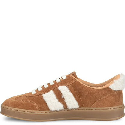 Amari Shearling - Tan BORN women's tan suede shearling sneaker with white stripes