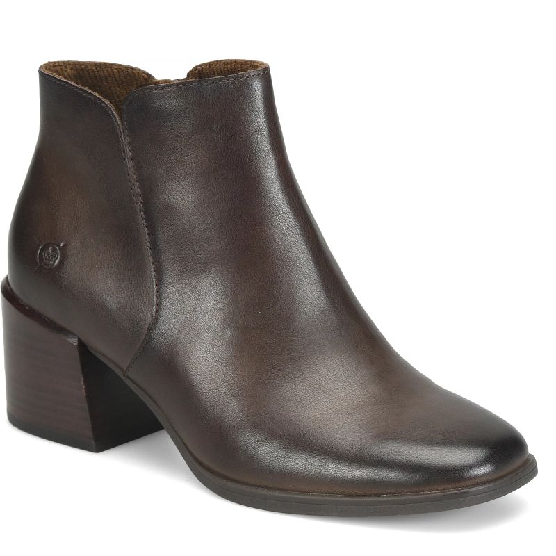 Lisbet - Chocolate Brown BORN women's brown leather bootie with block heel