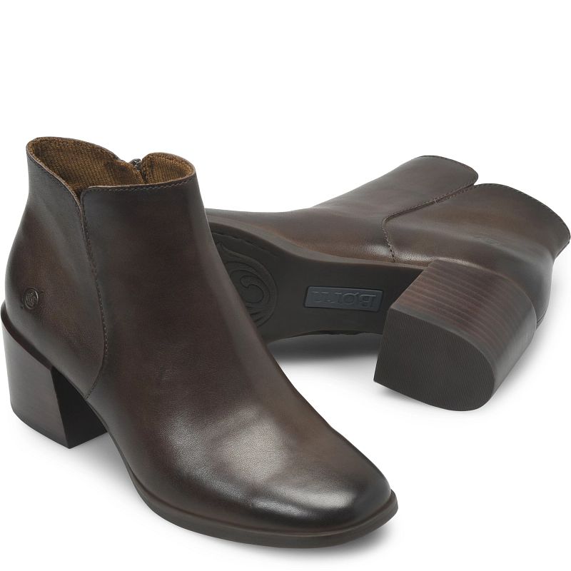 Lisbet - Chocolate Brown BORN women's leather ankle bootie with chunky heel