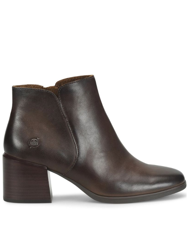 Lisbet - Chocolate Brown BORN women's brown leather chunky heel bootie
