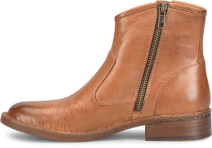 Charlie - Tan BORN women's tan leather side-zip ankle boot with low stacked heel