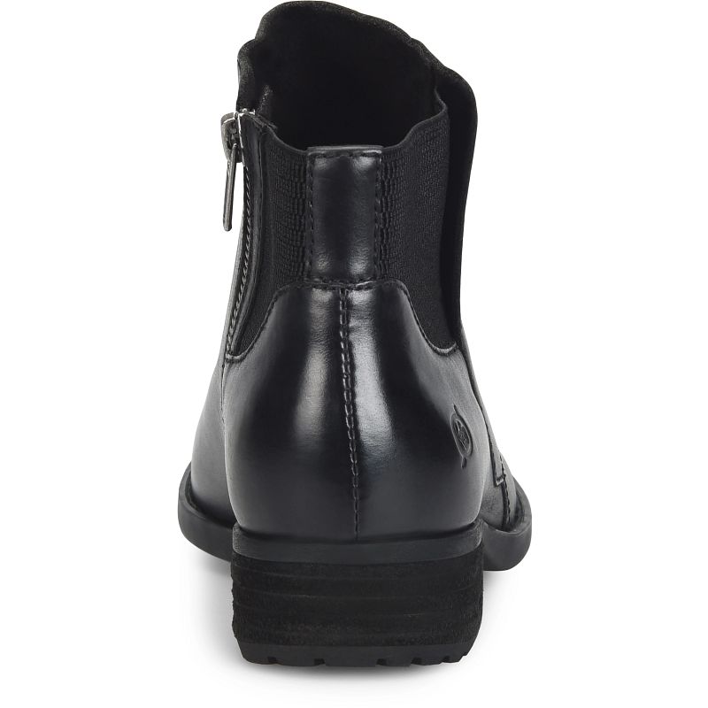 Kendyl - Black BORN women's black leather Chelsea boot rear detail