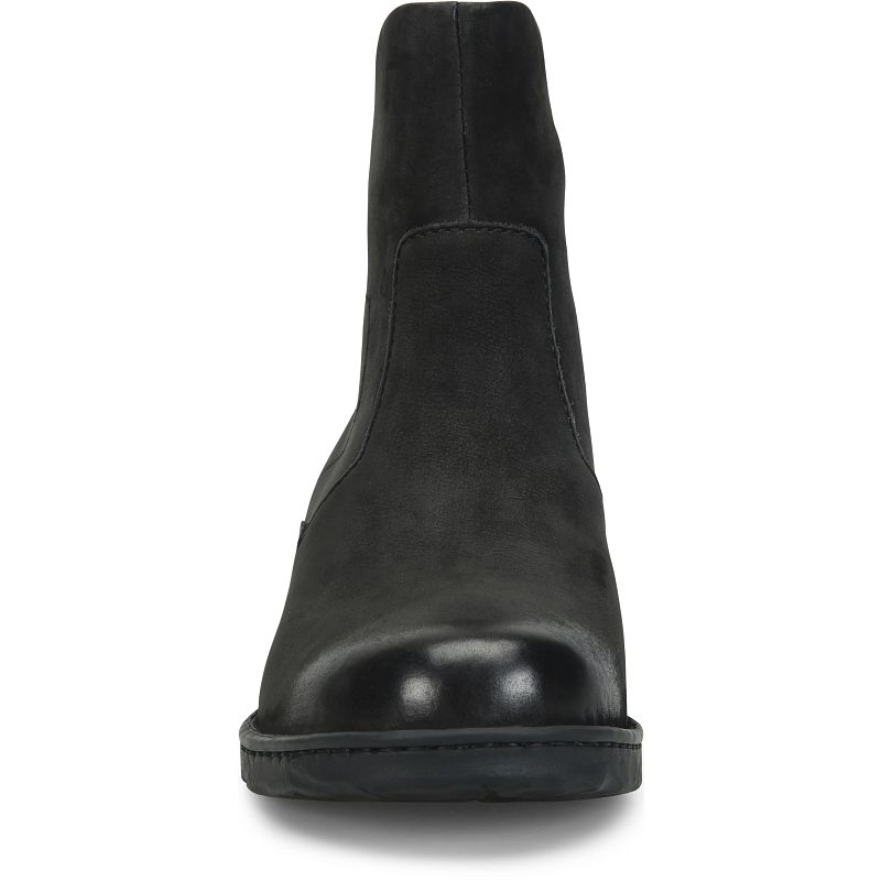 Mercado - Black BORN women's black nubuck leather ankle boot front detail