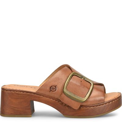 Bangle slide in brown full-grain leather with oversized brass buckle and woodgrain heel by BORN Women's Shoes HCO