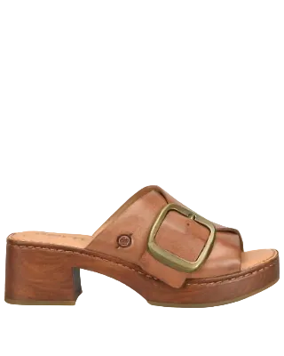 Bangle slide in brown suede with oversized brass buckle and woodgrain platform by BORN Women's Shoes HCO
