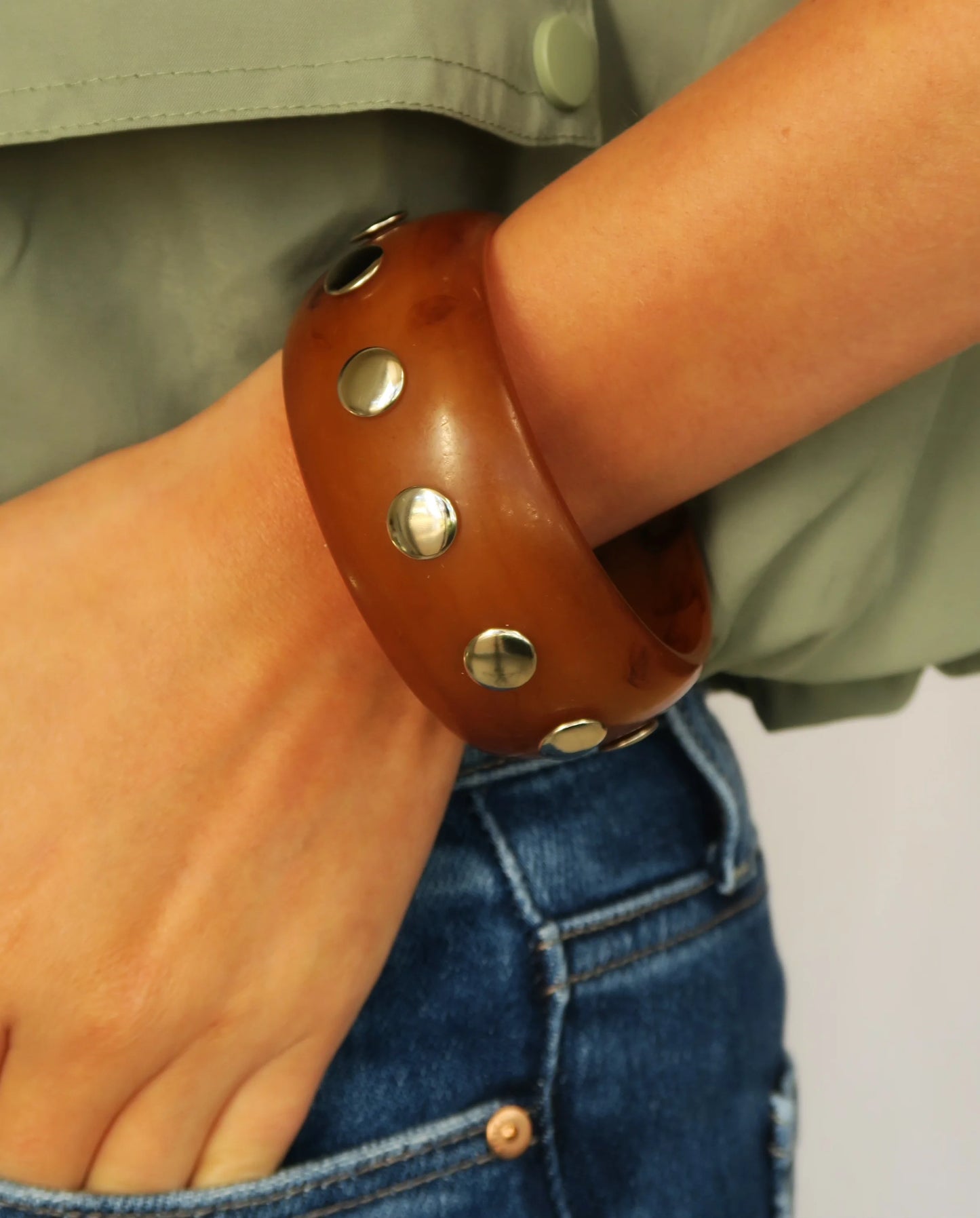 Bri Bangle in warm brown resin with polished silver studs, Women's Jewelry, ACCESSORY CONCIERGE, HCO
