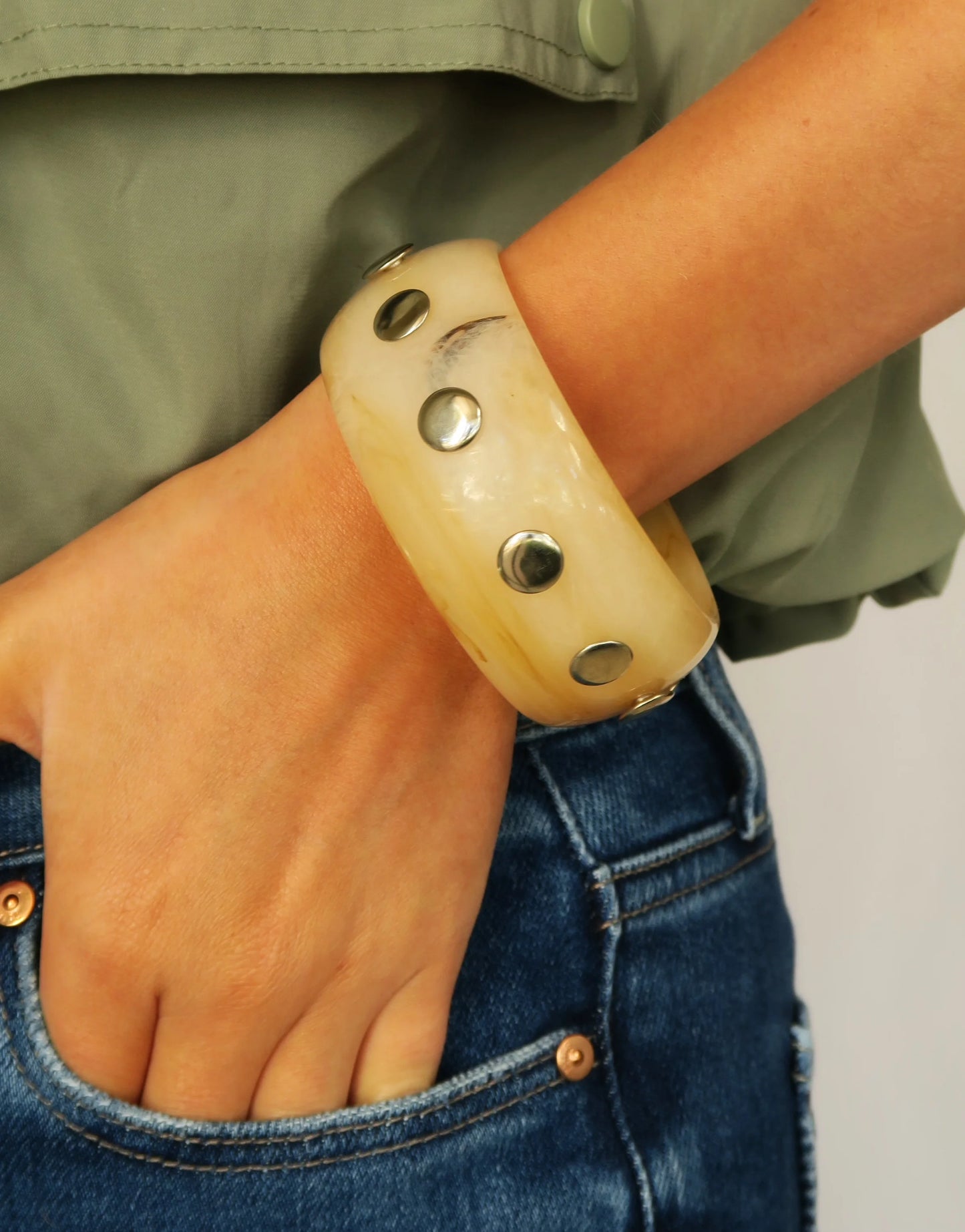 Bri Bangle in beige and brown resin with polished silver studs, Women's Jewelry, ACCESSORY CONCIERGE