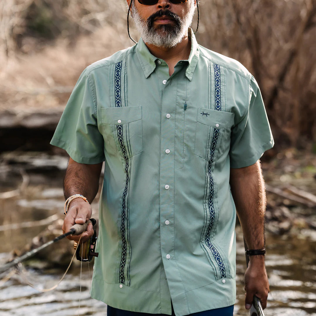 Guayabera Libre - Marea green geometric moisture-wicking fishing shirt by TEXAS STANDARD