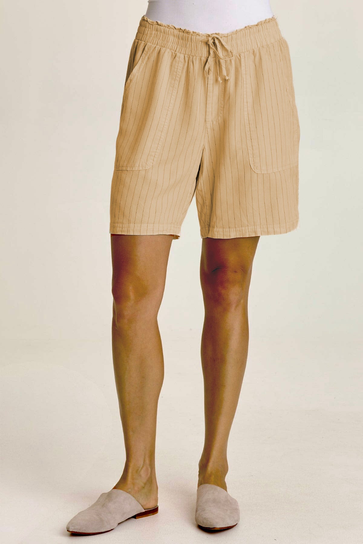 Lynn Short in beige pinstripe twill with elastic paperbag waist, drawstring, and front pockets XCVI