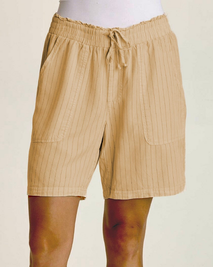 Lynn Short in beige striped pinstripe twill with paperbag waist, drawstring, and front pockets XCVI