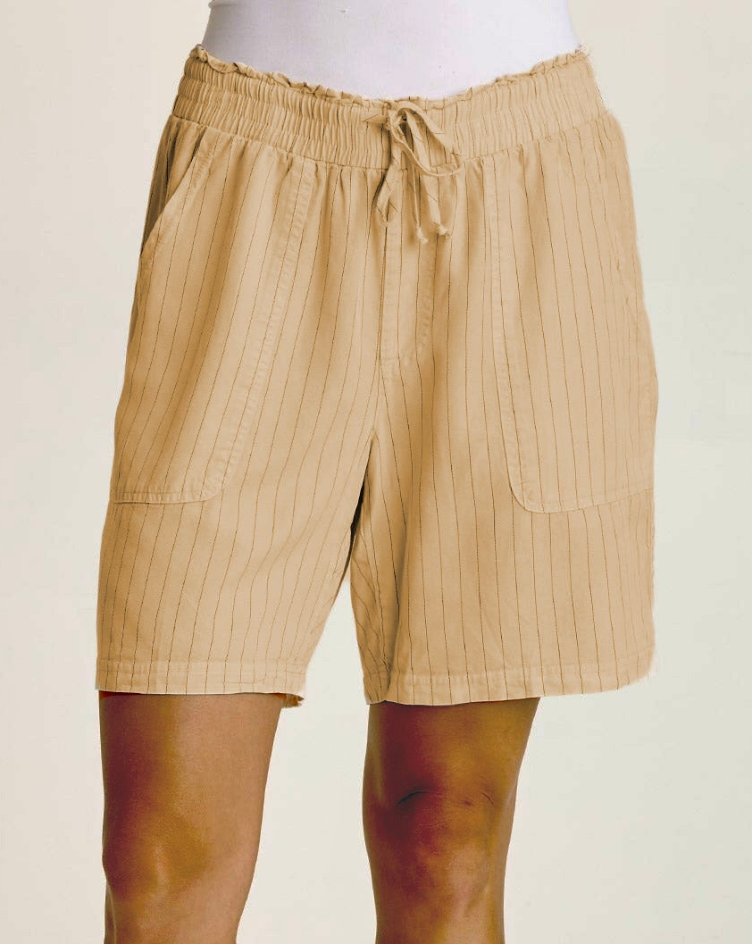 Lynn Short in beige pinstripe twill with paperbag drawstring waist and front pockets XCVI Women's Shorts HCO
