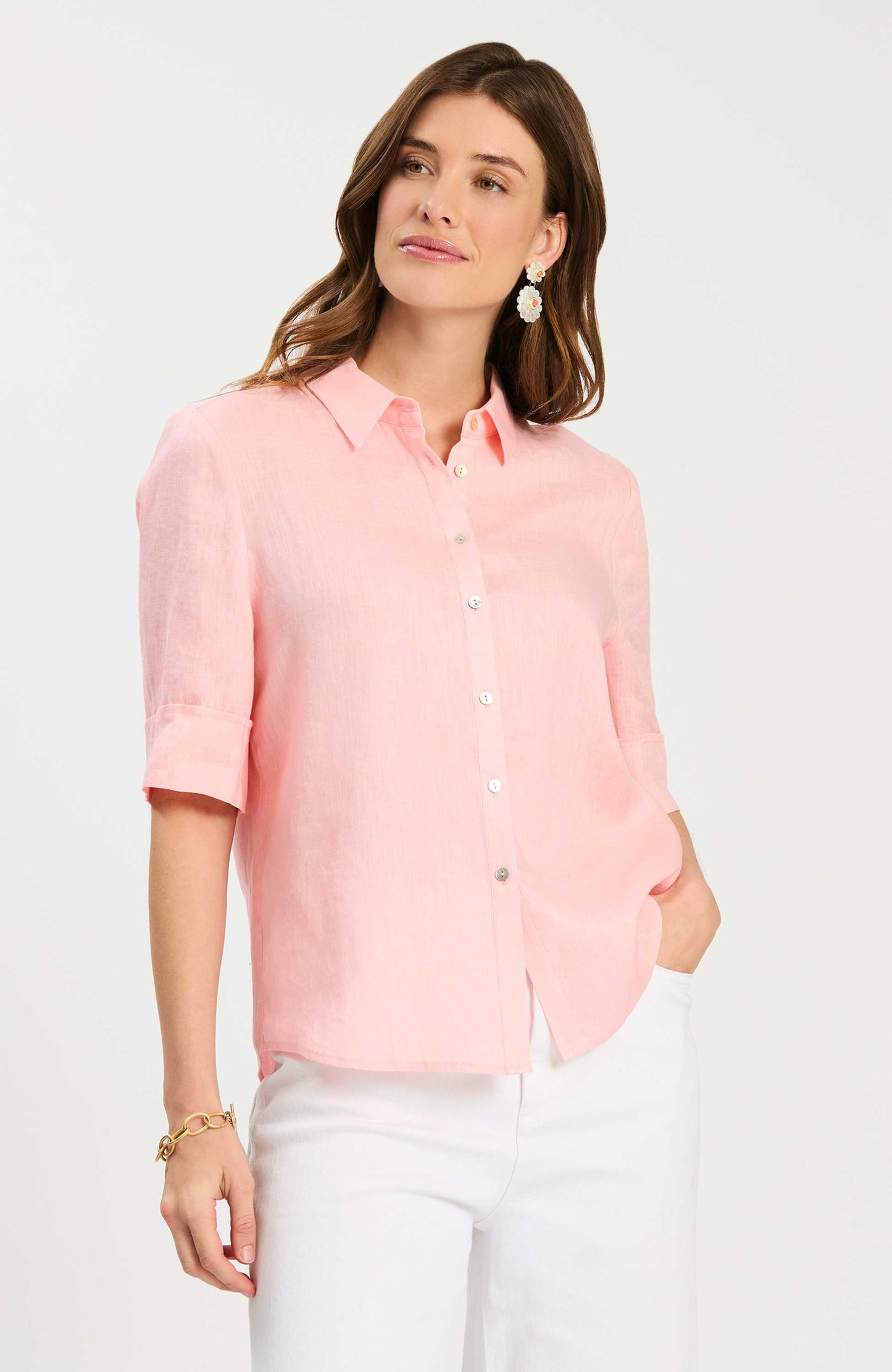 Tommy Linen Shirt in soft pink breathable linen, styled effortlessly, curated Fredericksburg TX boutique