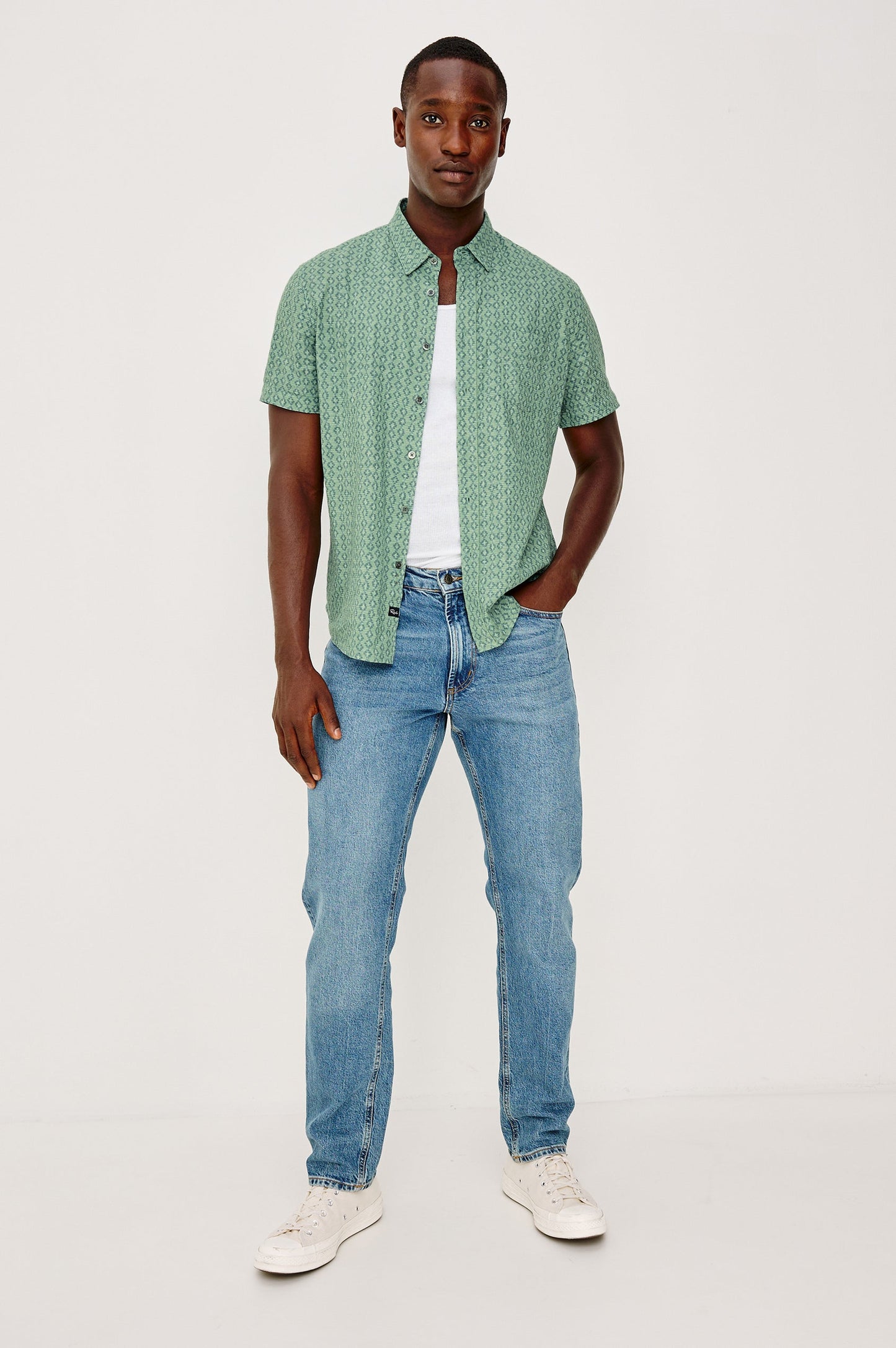 Carson - Wavy Batik Aqua geometric green short-sleeve linen blend shirt by RAILS