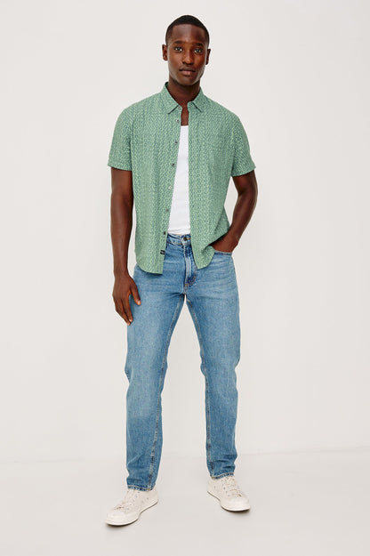 Carson - Wavy Batik Aqua geometric green short-sleeve linen blend shirt by RAILS