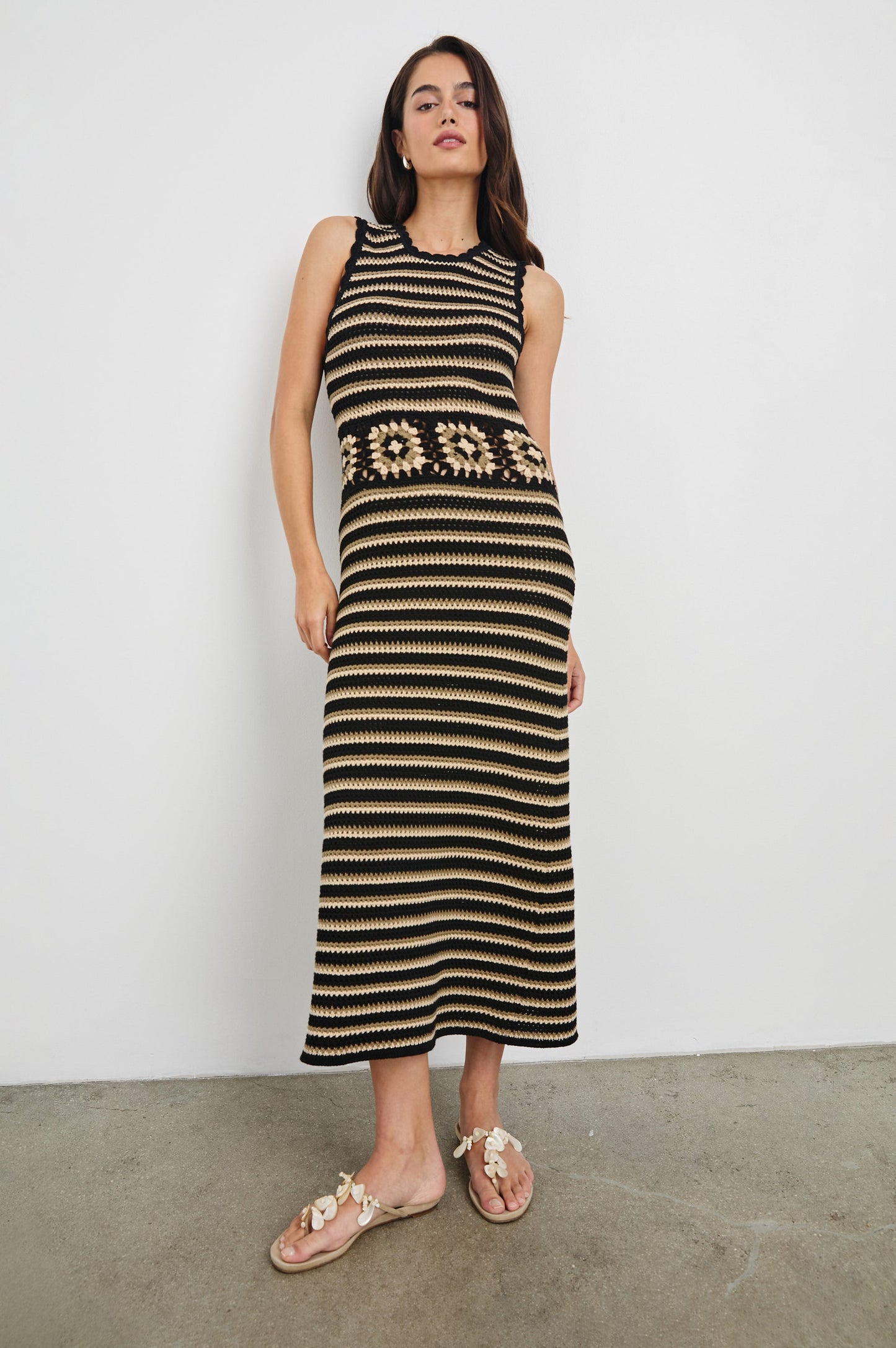 Coco Milos crochet midi dress, sleeveless striped knit with floral panel at waist