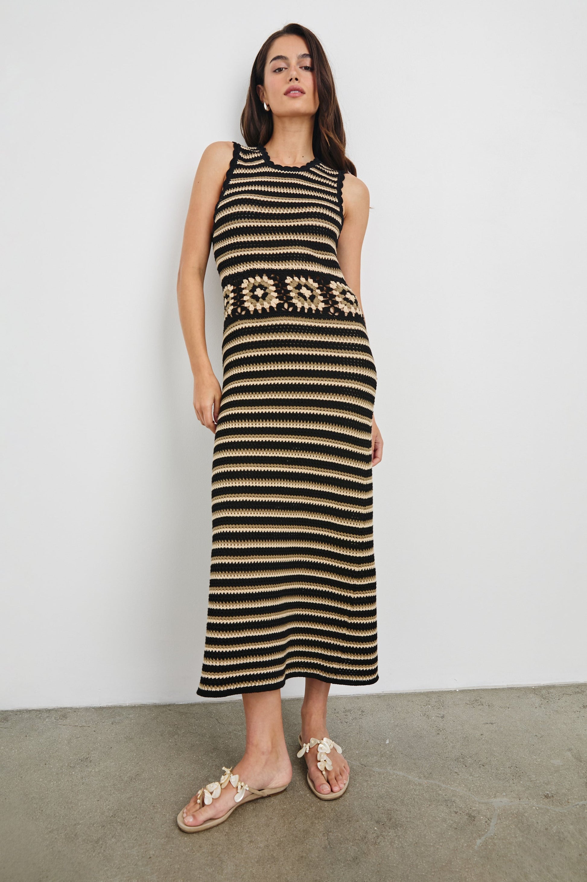 Coco Milos crochet midi dress, sleeveless striped knit with floral panel at waist