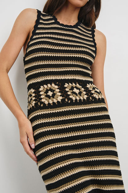 Milos crochet midi dress close-up: black and cream stripes with floral crochet yoke