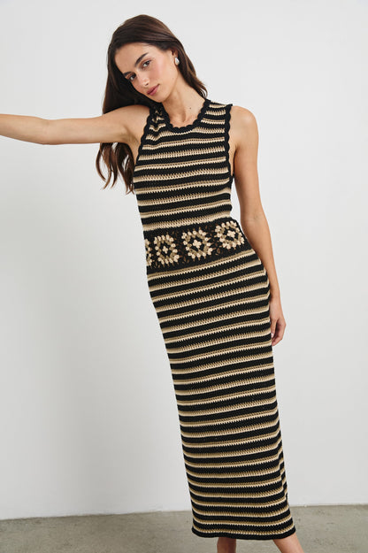 Coco Milos crochet midi dress, sleeveless high neck, black/cream striped with floral hem