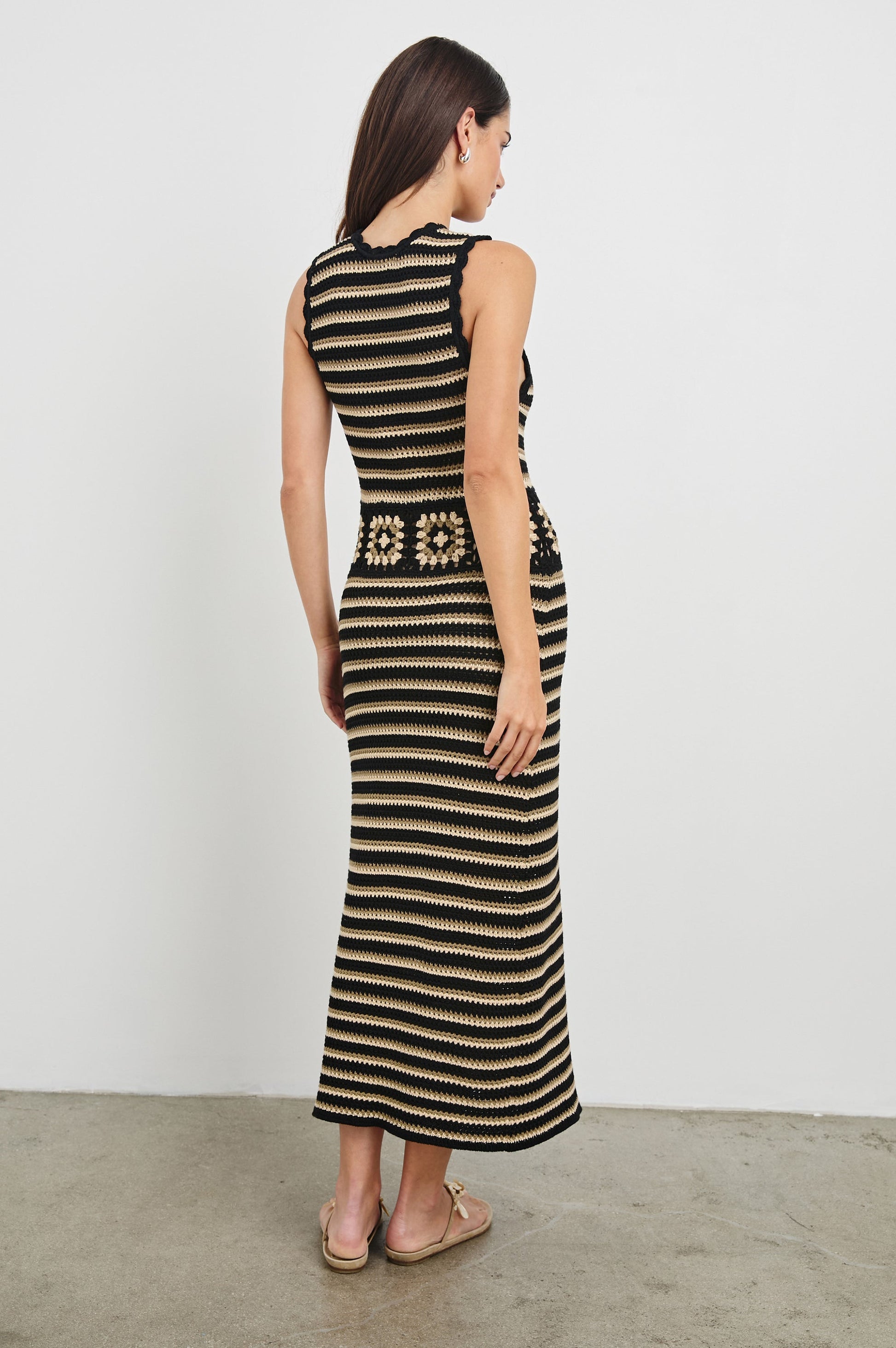 Back view: Milos crochet midi dress, sleeveless striped knit with square back motif