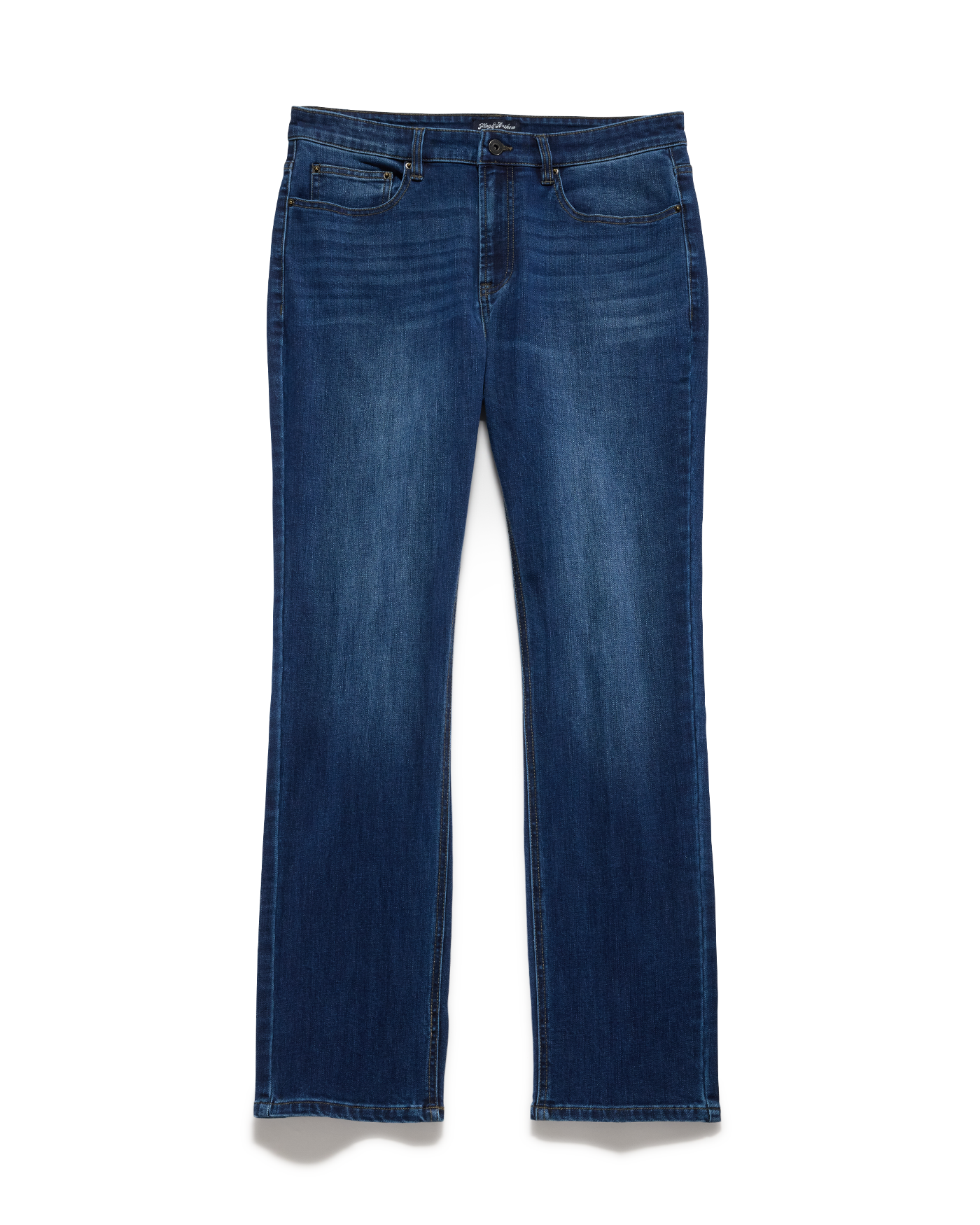 Dark wash blue straight jeans, front view, denim button closure