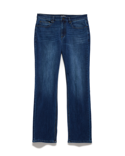 Dark wash blue straight jeans, front view, denim button closure