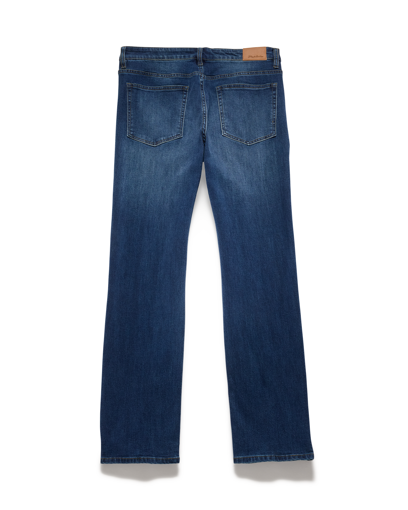 Dark wash blue straight jeans, back view, two rear pockets