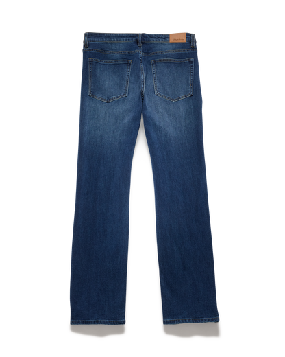 Dark wash blue straight jeans, back view, two rear pockets