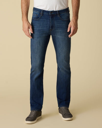 Straight cooling jeans, dark wash blue, button fly, front pockets