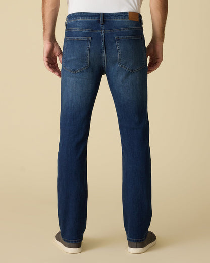 Straight cooling jeans, dark wash blue, back pockets, straight leg