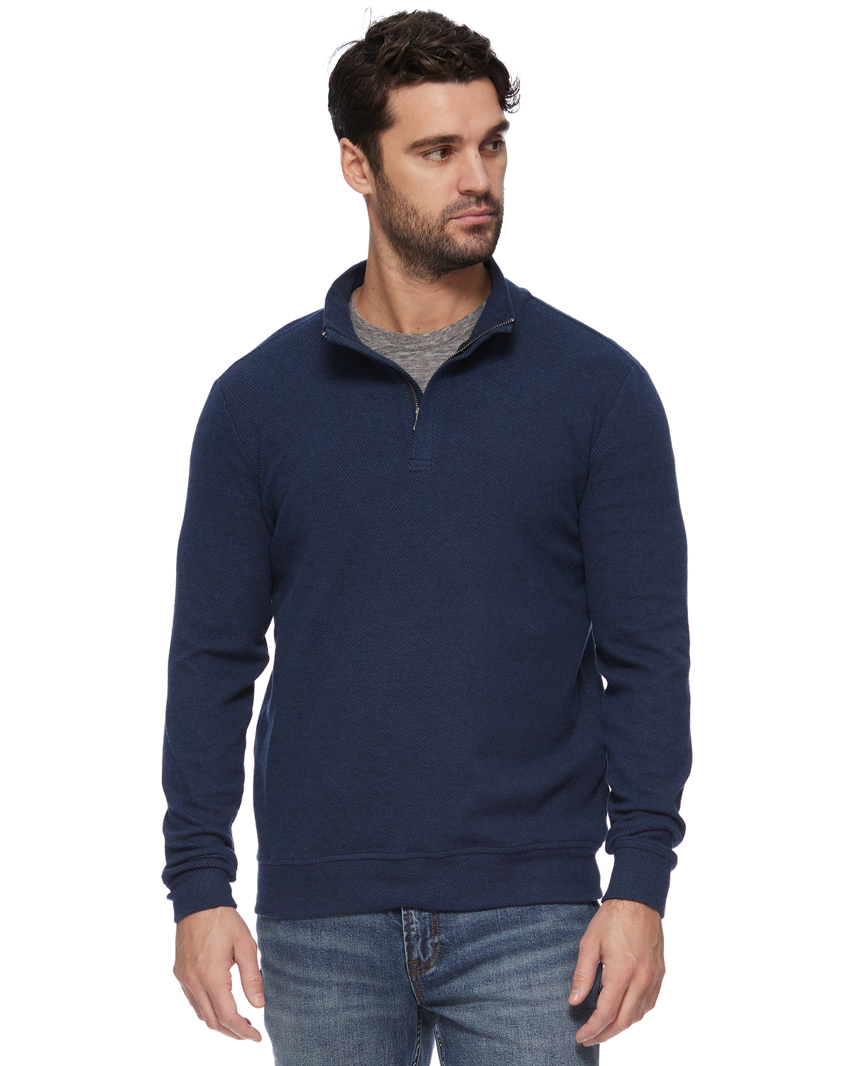 Hero Solid Twill 1/4 Zip Mock Neck in navy blue stretch fabric from FLAG & ANTHEM men's sweaters collection