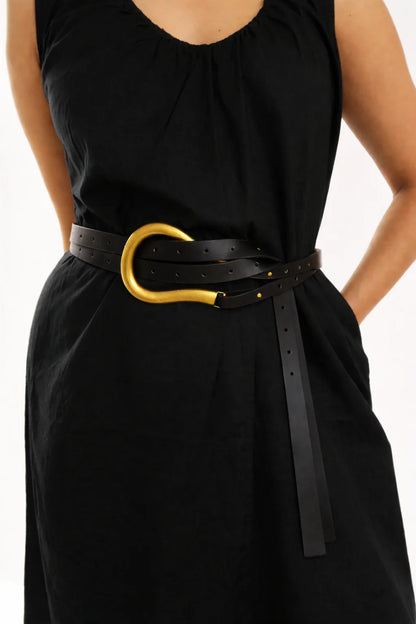 Laurel Belt in black vegan leather with sculptural gold brushed brass buckle, Women's Accessories HCO