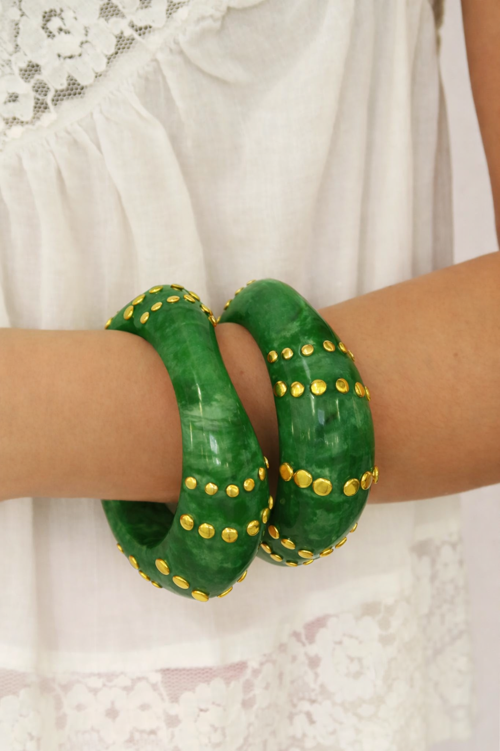 Bondi Bangle in green resin with gold-plated stainless steel studding, Women's Jewelry by ACCESSORY CONCIERGE