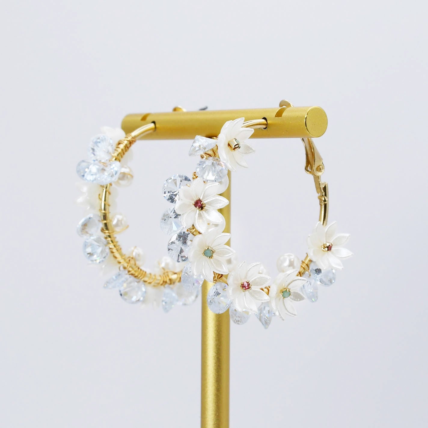 Crystal Garden Hoop N12 with gold, pearl flowers, clear crystals, Treasure Jewels collection, Fredericksburg TX