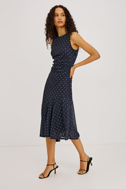 Daija - Navy Polka Dots stretch midi dress with asymmetrical strap and ruched waist by RAILS