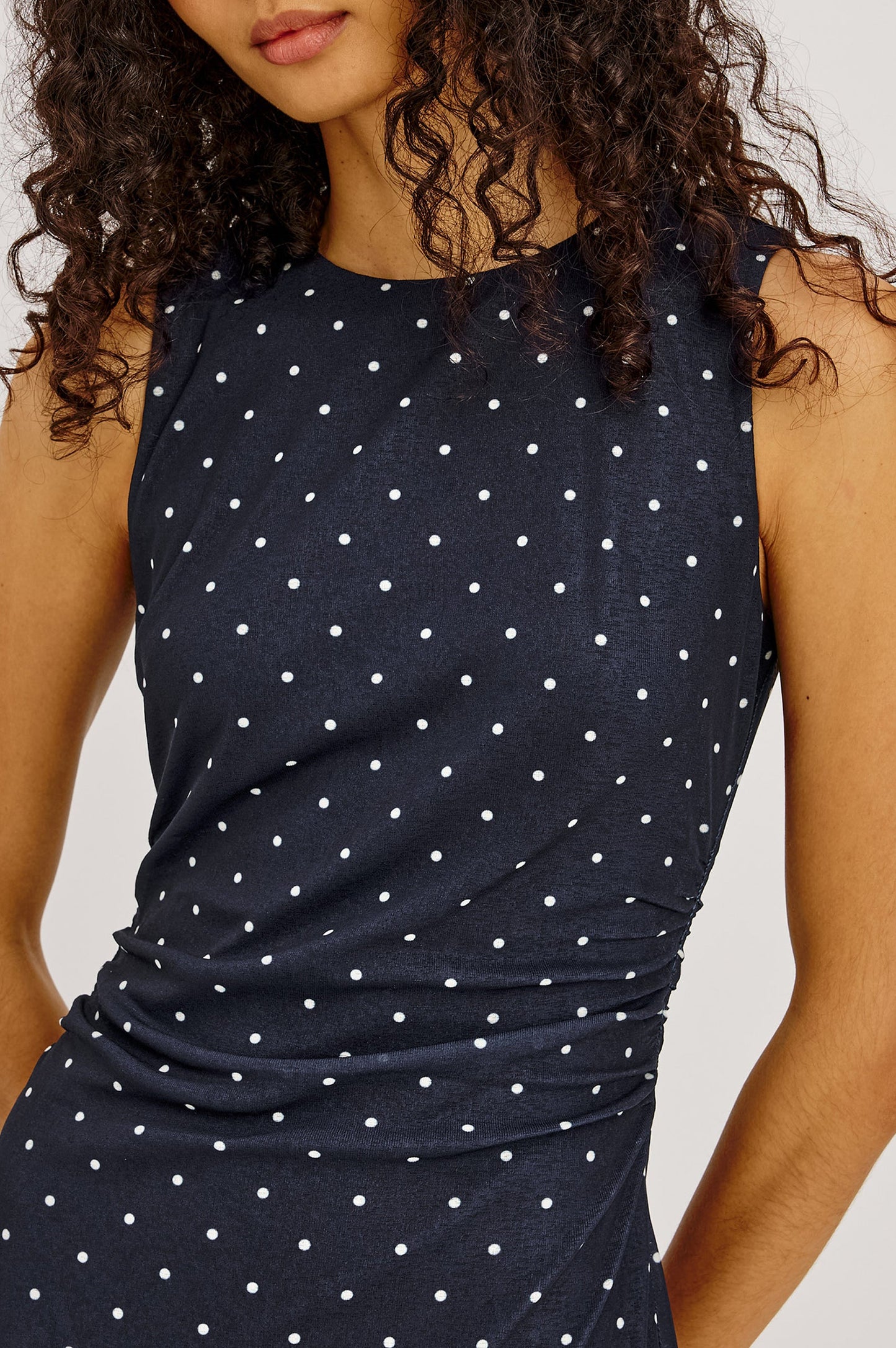 Daija - Navy Polka Dots sleeveless stretch midi dress with side ruching by RAILS