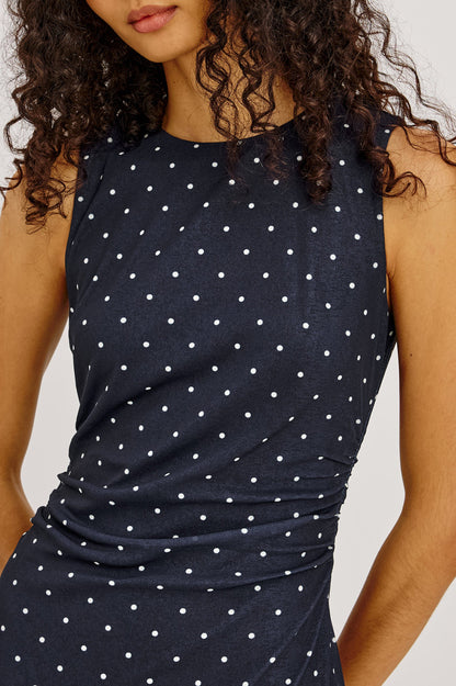 Daija - Navy Polka Dots sleeveless stretch midi dress with side ruching by RAILS