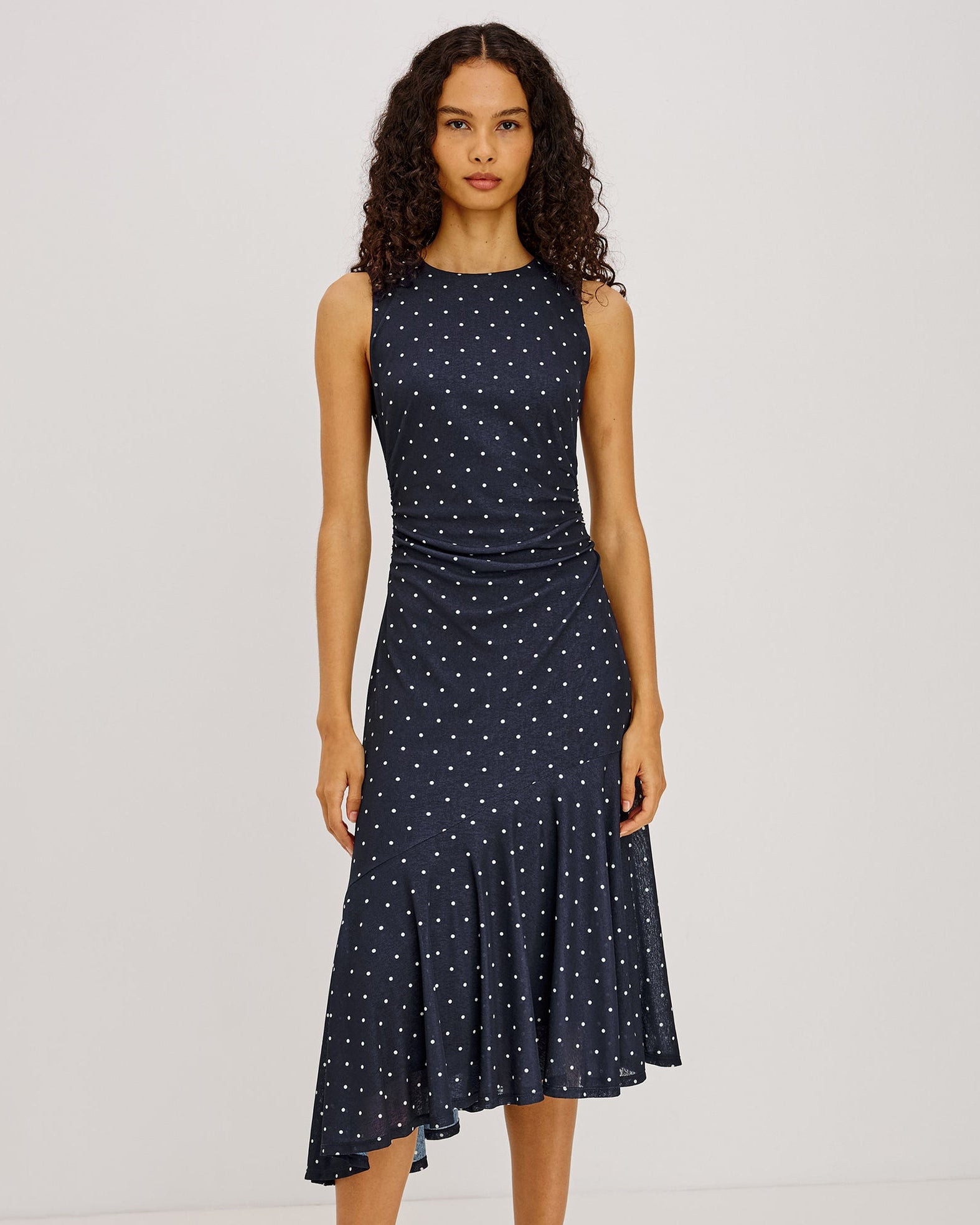 Daija - Navy Polka Dots stretch midi dress with ruched waist and fluted skirt by RAILS