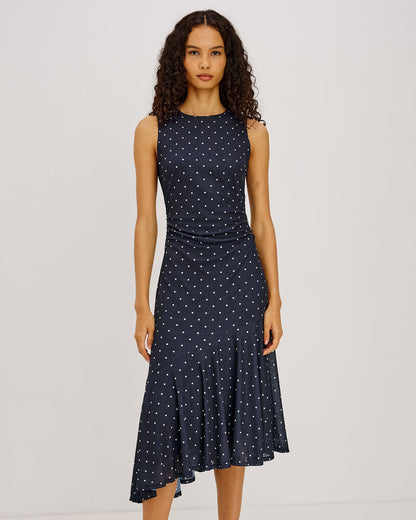 Daija - Navy Polka Dots stretch midi dress with ruched waist and fluted skirt by RAILS