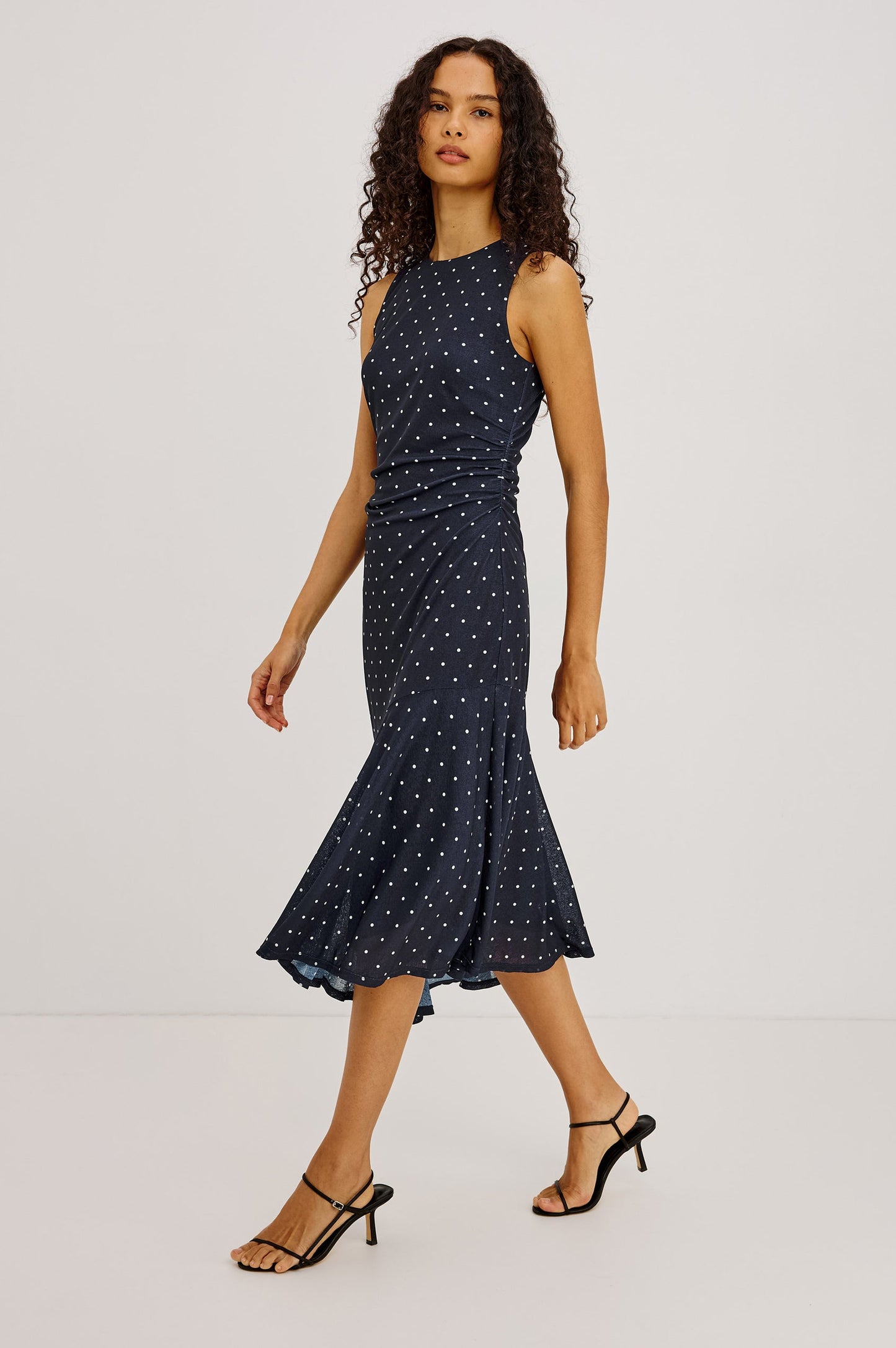 Daija - Navy Polka Dots midi dress with stretch mesh and side ruching by RAILS