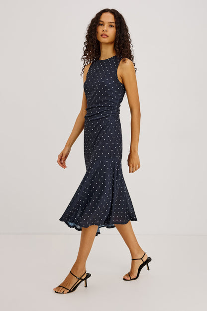 Daija - Navy Polka Dots midi dress with stretch mesh and side ruching by RAILS