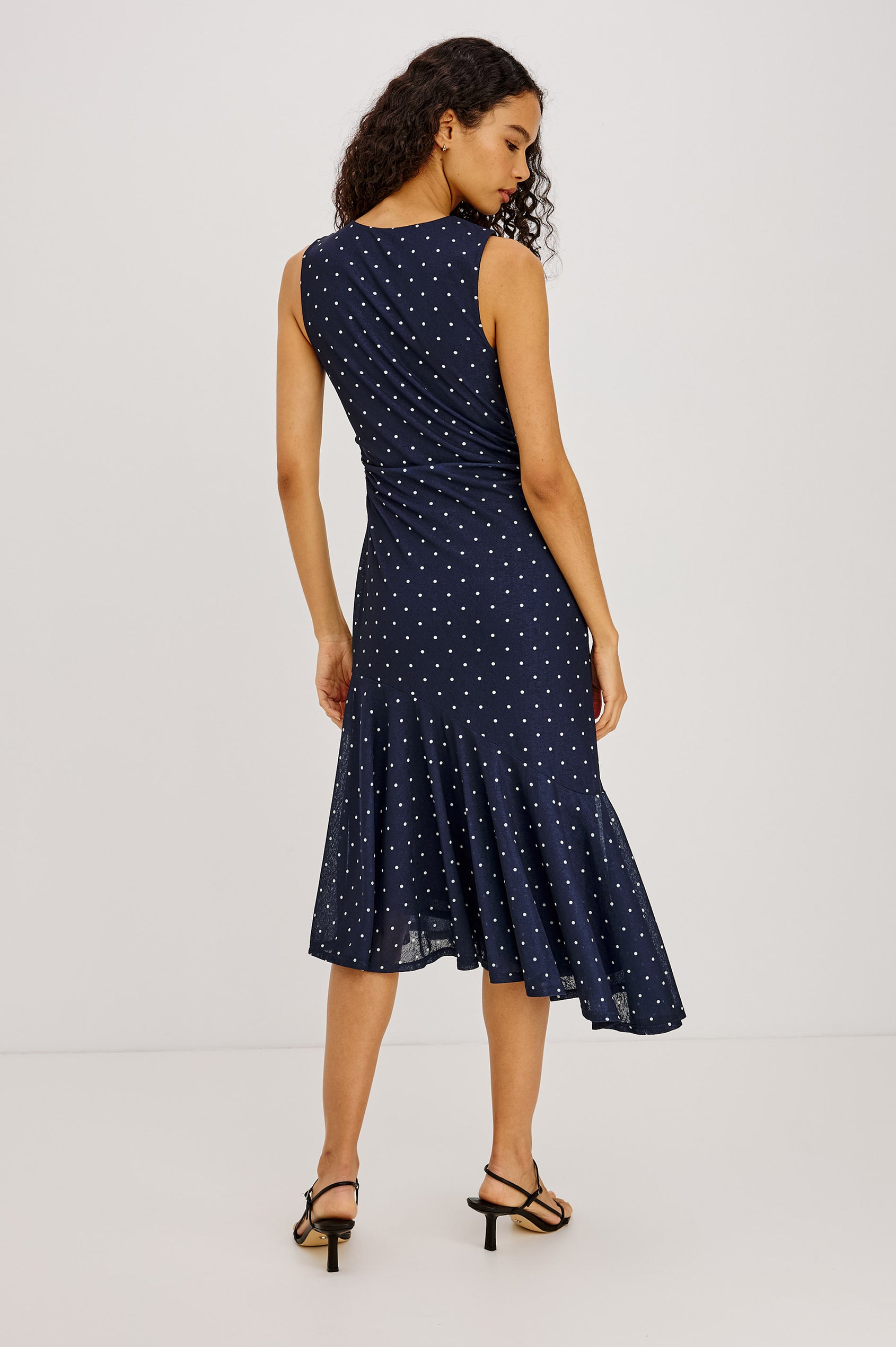 Daija - Navy Polka Dots sleeveless midi dress with stretch mesh and fluted hem by RAILS