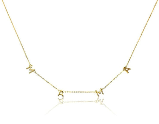 Dear Mama gold necklace with fine chain and letter charm pendants