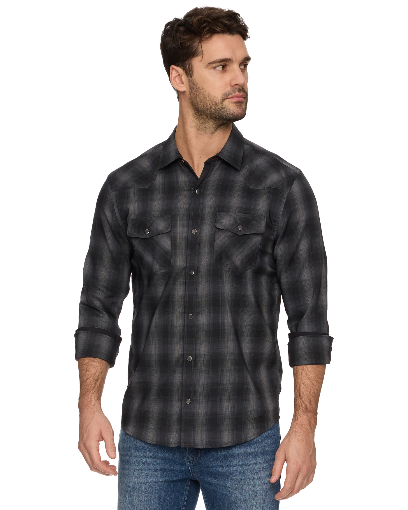 Bluffs Ls Outdoor Performance Western Shirt in gray black checkered, men's long sleeve by FLAG & ANTHEM