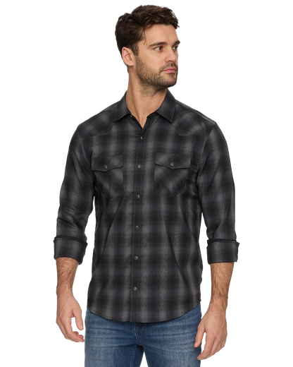 Bluffs Ls Outdoor Performance Western Shirt in gray black checkered, men's long sleeve by FLAG & ANTHEM