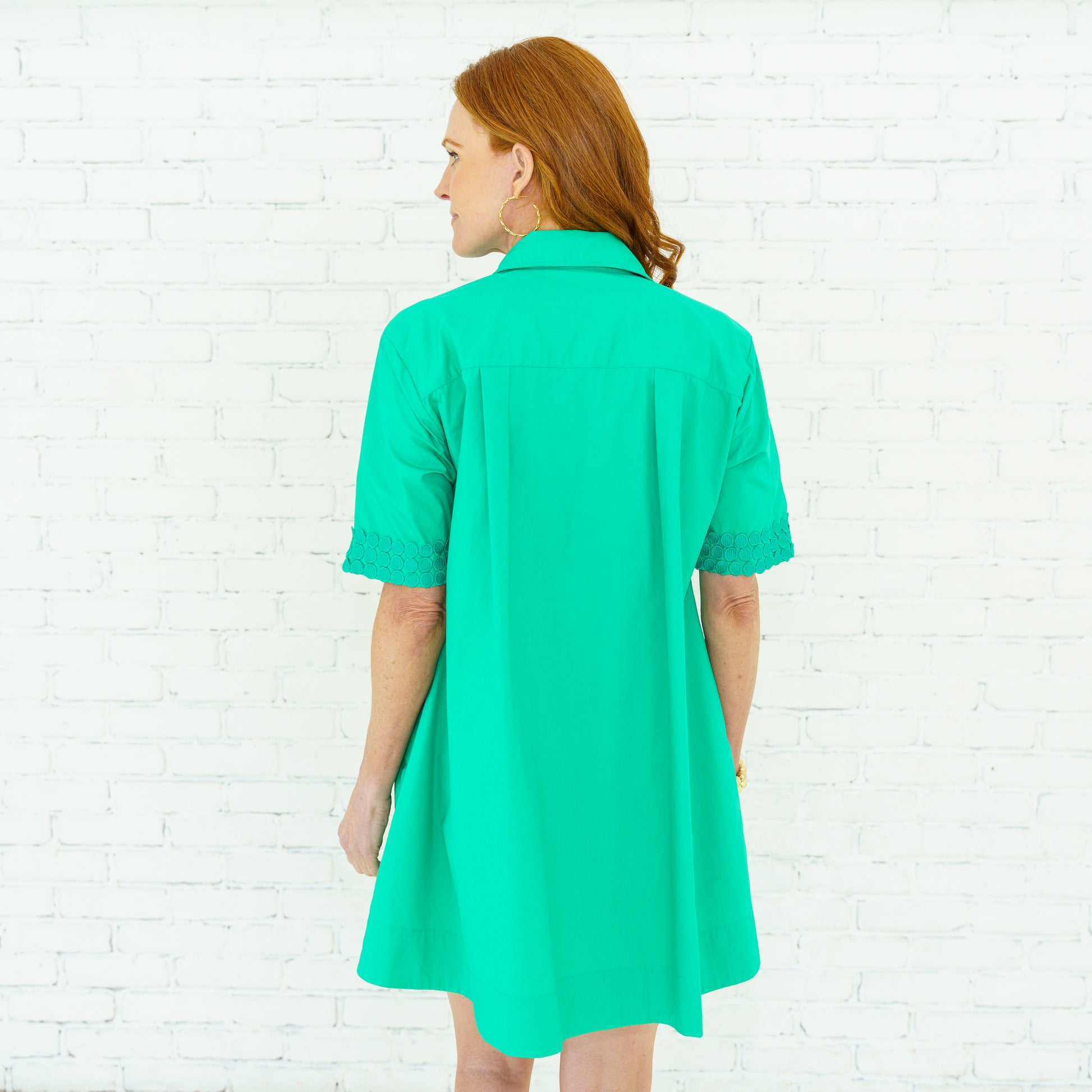 Penny Dress Green by CARYN LAWN with short sleeves, textured cuff detail, Women's Dresses & Jumpsuits